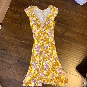 Free People Tan Yellow Purple V Neck Dress